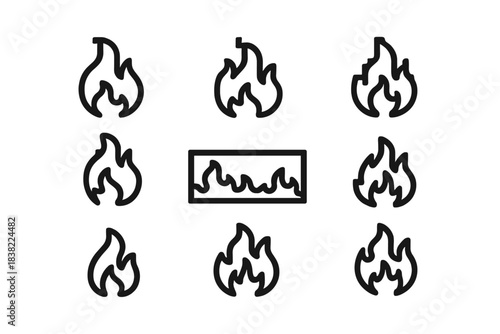 Collection of outline icons showing various shapes of fire, flame, and heat symbols for web interface design