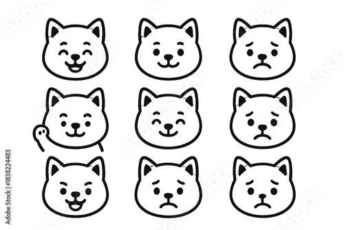 Set of cute dog character face icons showing various emotions and expressions