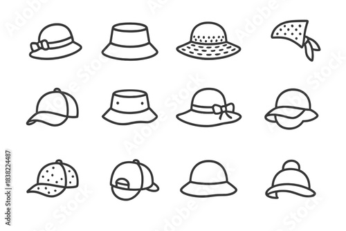 Set of outline icons depicting various styles of hats, caps, and bandanas headwear