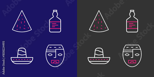 Set line Aztec mask, Mexican sombrero, Tequila bottle and Nachos icon. Vector