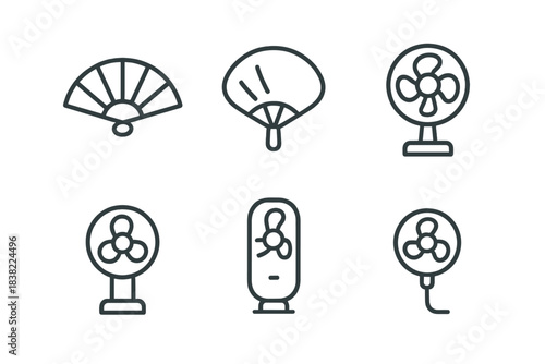 Set of outline icons showing various cooling devices, including handheld fans and electric fans