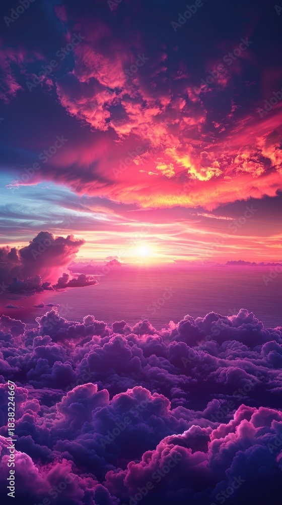 Fototapeta premium Dreamlike Sunset Above the Clouds in Radiant Pink and Gold. Perfect for meditation apps, travel posters, luxury retreat branding, wellness campaigns, NFT covers.
