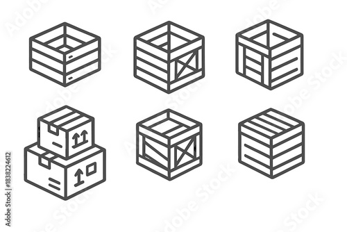 Isometric line set showing various wooden shipping crates and cardboard delivery boxes