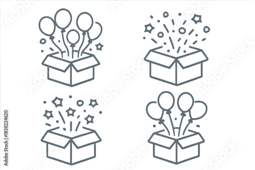 Collection of surprise gift box icons featuring balloons and confetti bursting out