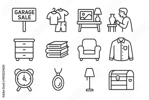 Essential set of secondhand goods and objects for yard sale, flea market, or thrift store shopping