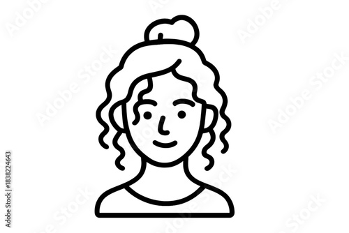 Minimalist black and white portrait of a smiling woman with curly hair and a high bun hairstyle