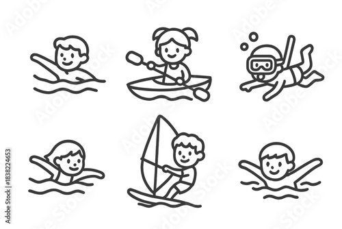 People engaged in summer water sports activities including swimming, kayaking, snorkeling, and windsurfing