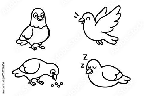 Adorable cartoon pigeon character set in four different poses standing flying eating sleeping