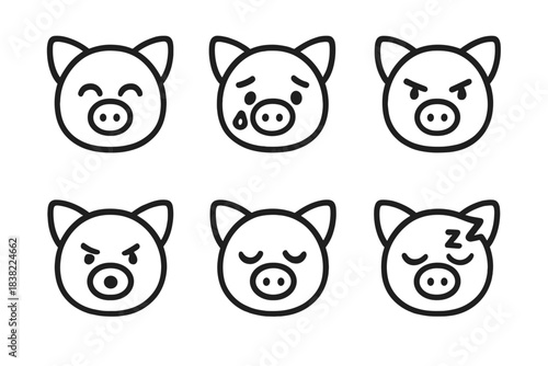 Set of cute pig head characters expressing various emotions and moods in simple outline style