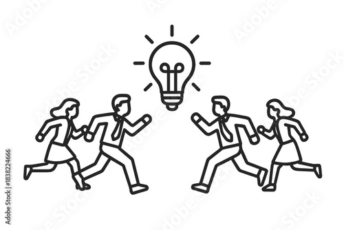 Business professionals running a corporate race toward a glowing light bulb for innovation