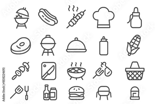 Barbecue and grilling food and equipment outline symbols for outdoor cooking and picnic