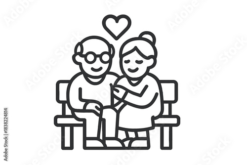 Elderly couple sitting together on a park bench showing affection and lasting romantic love