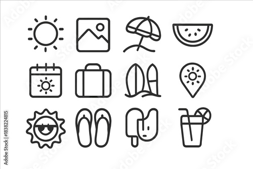 Minimalist outline symbols representing various summer vacation and beach holiday activities