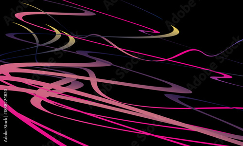 Abstract vector with dynamic curved lines in multicolored gradients on a black background. The modern design conveys energy, movement and a futuristic aesthetic, perfect for backgrounds, posters, etc.