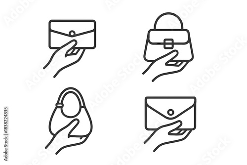 Outline icons set of hands presenting fashionable women's purses and small handbags