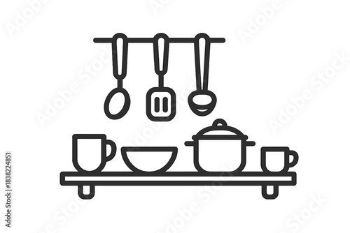 Kitchen utensils and cookware set arranged on a shelf and hanging rack