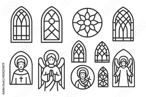 Detailed linear icons representing gothic architecture elements and Christian religious symbols