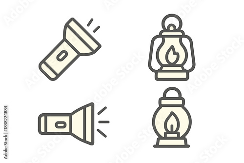 Collection of camping and emergency light source icons featuring flashlights and lanterns