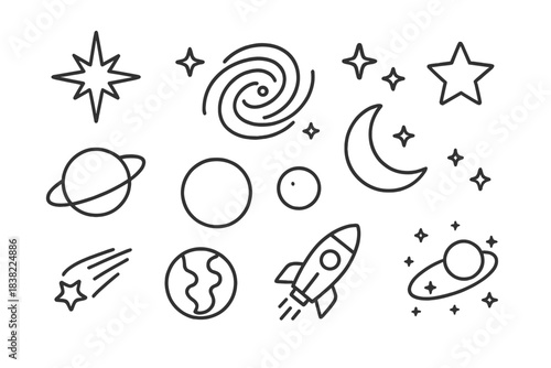 Minimalist outline symbols of space and universe elements including planets, stars, moon, and rocket