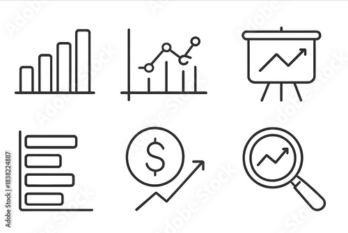 Financial growth, market analysis, and data visualization outline icons