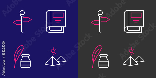 Set line Egypt pyramids, Feather and inkwell, History book and Road traffic signpost icon. Vector