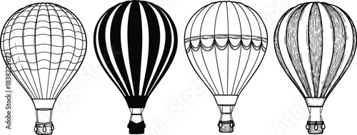 Set of vintage hot air balloon illustrations, hand drawn style, black and white vector sketch, retro aviation travel design art
