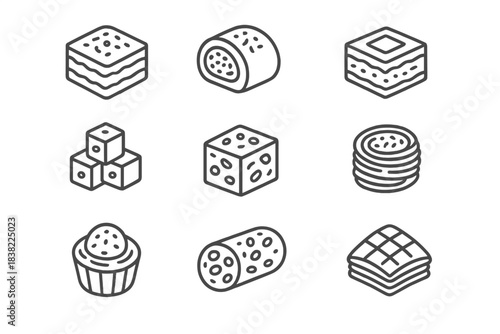Traditional Middle Eastern and Turkish sweets and desserts isometric line art