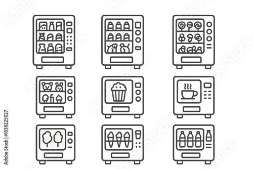 Collection of automatic retail machines dispensing drinks, candy, and snacks