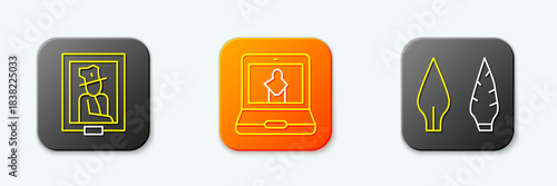 Set line Portrait in museum, Online and Stone age arrow head icon. Vector
