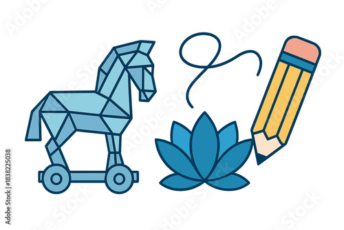 Geometric icons set with Trojan horse, lotus flower, and drawing pencil symbols