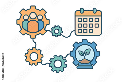 Business workflow diagram showing team collaboration, scheduling, and sustainable growth connection