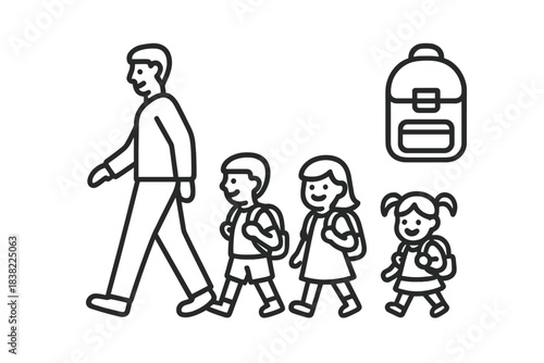 Adult walking alongside three young students carrying school backpacks for education