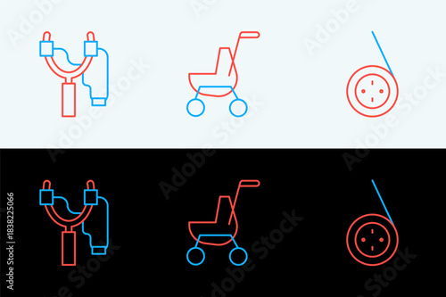Set line Yoyo toy, Slingshot and Baby stroller icon. Vector