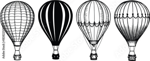 Vintage hot air balloon illustration collection, black and white sketch, retro aviation design, hand drawn, old-fashioned travel concept vector