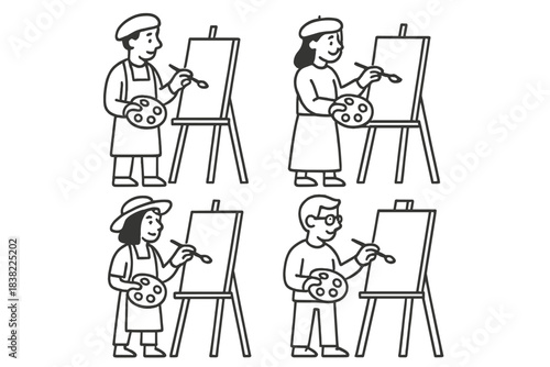 Group of creative people painting on easels with palettes and brushes