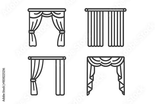 Four distinct window treatments including various curtain and drape styles in outline graphic set