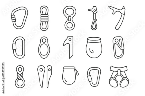 Linear icons representing essential tools and equipment used for rock climbing and rappelling activities