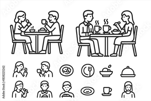 Simple outline drawings of people dining and restaurant service elements