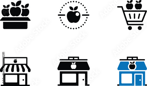 apple, fruit, box, cart, store, shop, retail, grocery, market, icon, illustration, vector, design, cartoon, symbol, food, commerce, shopping, logo, produce