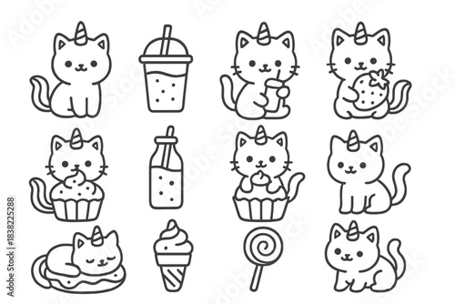Set of adorable Caticorn characters enjoying sweet desserts and drinks in a clean outline style