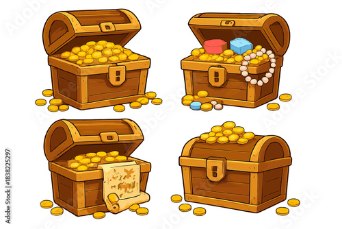 Cartoon wooden treasure chests filled with gold coins and pirate treasures set