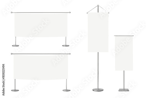 Blank white advertising banners and vertical flags on metal stands for promotional marketing display