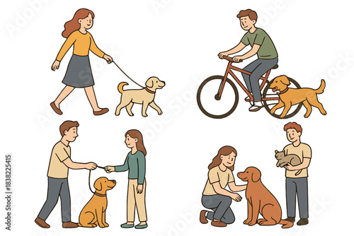 Diverse people walking dogs, cycling with pets, and petting cats in various outdoor scenes