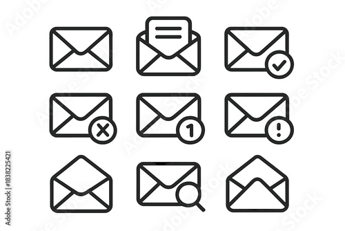 Email and message envelope line icons for digital communication and status updates