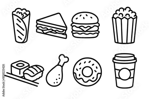 Outline icons set of popular fast food and snacks including burger, sandwich, sushi, donut, and coffee