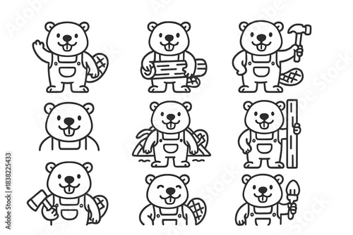 Friendly cartoon beaver mascot builder wearing work overalls and holding carpentry equipment