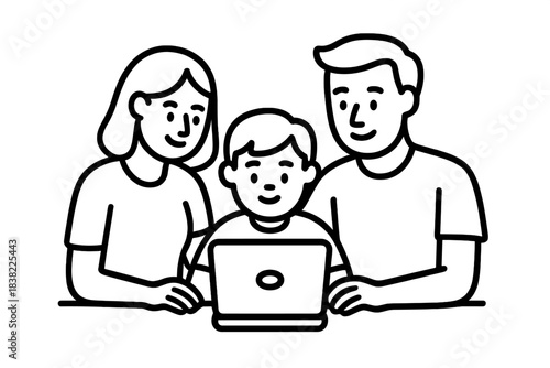 Parents and child bonding while using laptop computer for online learning at home