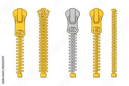 Set of zipper fasteners featuring various gold and silver sliders and teeth styles