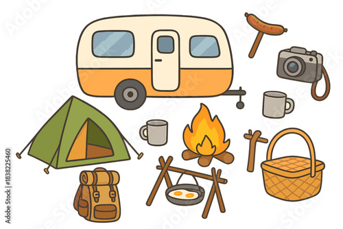 Camping and outdoor recreation equipment including travel trailer, tent, and campfire