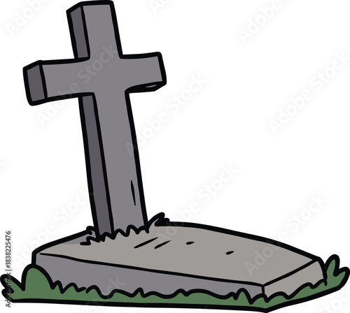 Cartoon tilted gravestone with cross, RIP burial icon, remembrance mourning symbol, cad drawing flat vector illustration, blackwhite
